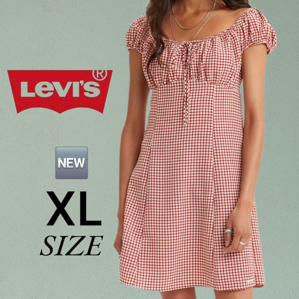 ✅️NEW Levi's Women's Clementine Cap Sleeve Red Gingham Mini Dress, SIZE: XL